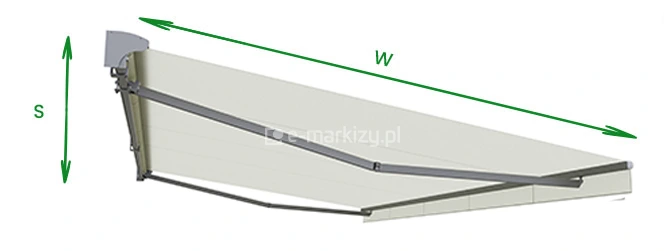 Schemat pomiaru markizy Jamaica Selt – widok boczny z zaznaczeniem kierunku wysięgu (W) i szerokości (S), pomocny przy doborze odpowiedniego rozmiaru markizy tarasowej bez kasety