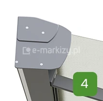 Zbliżenie na boczny profil kasety markizy Corsica Selt w kolorze szarym, przedstawiające estetyczną obudowę i ramię przytwierdzone do belki nawojowej wysuwające tkaninę markizy.