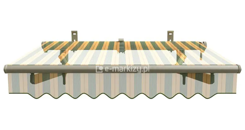 Markiza tarasowa Australia Selt z rozłożoną tkaniną w pasy beżowo-zielono-niebieskie, widok z przodu na uchwyty ścienne i belkę przednią z falowaną falbaną dekoracyjną.