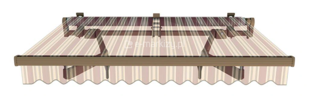 Schemat markizy Jamaica Selt w beżowo-bordowe pasy z widoczną kwadratową belką nośną, uchwytami ściennymi, ramionami i belką frontową