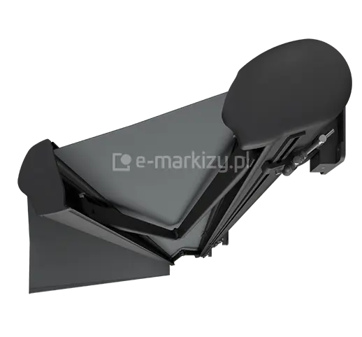 Nowoczesna markiza tarasowa Dakar firmy Selt w grafitowym kolorze – widok z góry na konstrukcję kasety i ramion przegubowych, prezentujący półotwartą markizę w kompaktowej obudowie.