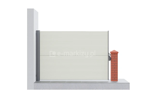 Ilustracja montażu markizy bocznej Bora Selt z uchwytem przymocowanym do murowanego słupka tarasowego, zapewniającego solidne boczne wsparcie dla parawanu.