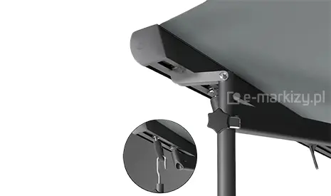 Zbliżenie na podporę standard stabilizującą do markizy tarasowej Australia Selt, z mocowaniem do belki przedniej i odkręcanym mechanizmem teleskopowym.
