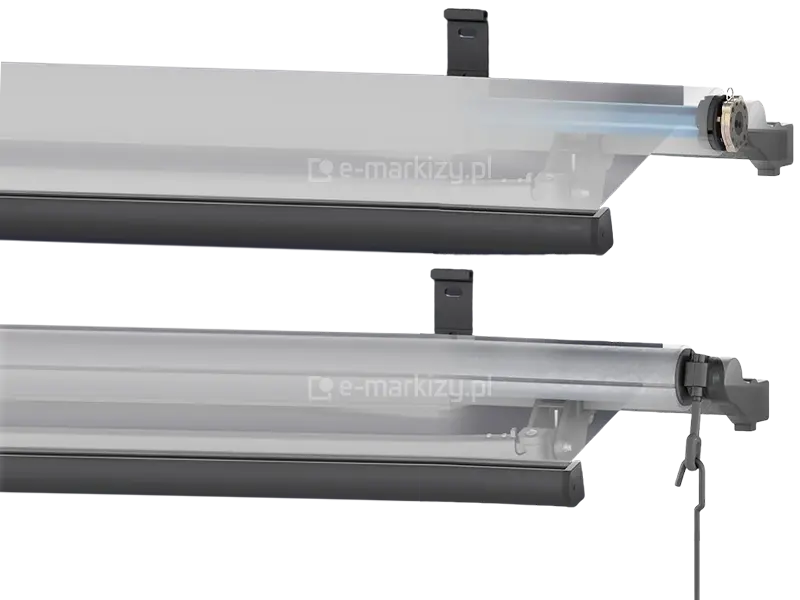 Porównanie dwóch wersji markizy tarasowej Australia Selt – górna z napędem elektrycznym, dolna z napędem ręcznym na korbę, pokazane mechanizmy boczne i uchwyty montażowe.