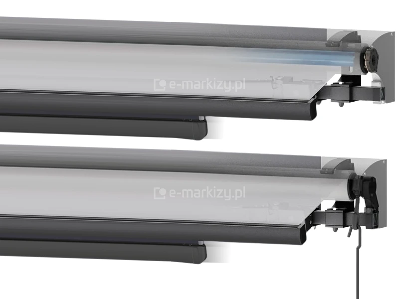 Porównanie dwóch typów napędu markizy tarasowej Jamaica Selt: wersji z wbudowanym silnikiem elektrycznym i tradycyjnym napędem ręcznym z korbą.