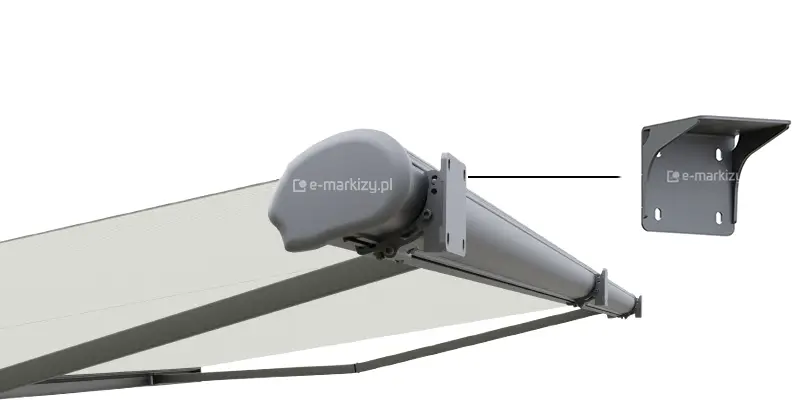 Solidne uchwyty konsolowe markizy Dakar Selt – widok od spodu na kasetę markizy wraz z uchwytem sufitowym, który łączy się z mocowaniem ściennym, zapewniając trwały i stabilny montaż.