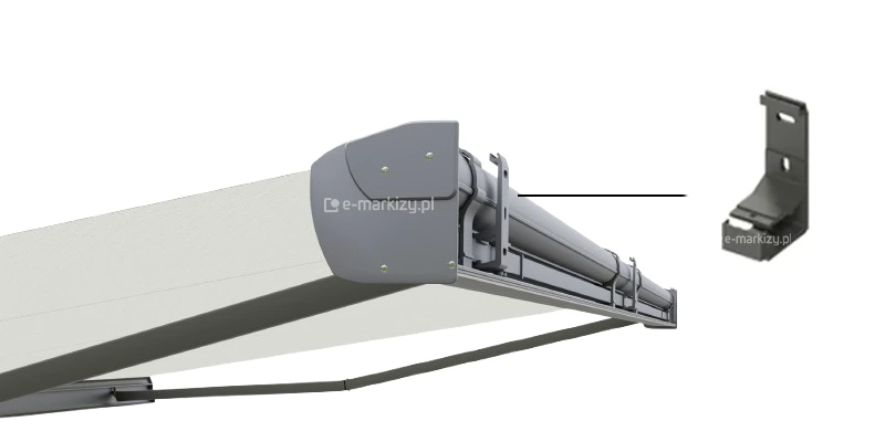 Schemat montażu markizy tarasowej Corsica Selt z widocznym uchwytem montażowym do belki nośnej, zapewniającym szybki i stabilny montaż kasety markizy do ściany.