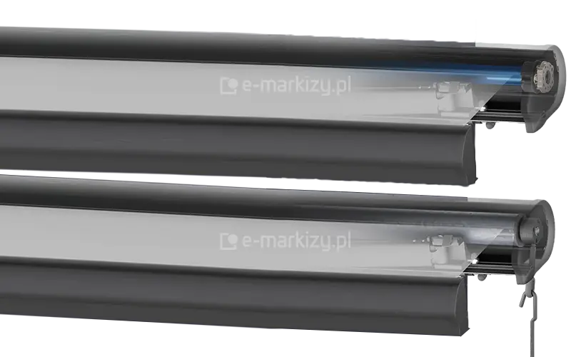 Sposoby sterowania markizą na taras Palladio Selt – porównanie wersji z mechanizmem korbowym i z wbudowanym silnikiem elektrycznym, widok przekrojowy systemu kasetowego z zaznaczonymi elementami sterującymi.