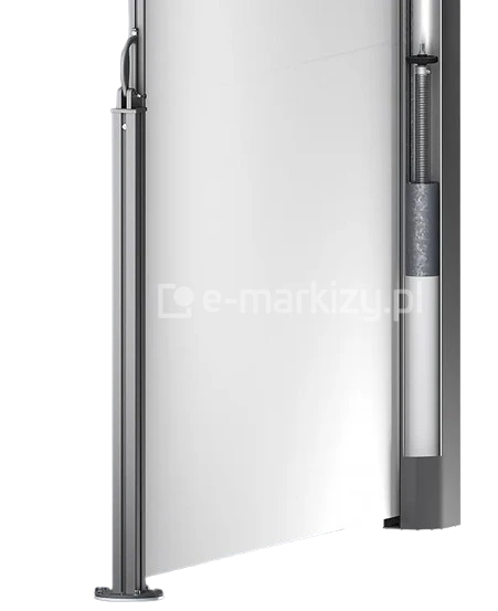 Przekrój markizy bocznej Bora Selt przedstawiający system zwijania z mechanizmem sprężynowym oraz słupek mocujący z hakiem do zaczepienia materiału.