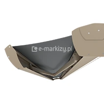 Zbliżenie na solidną i nowoczesną konstrukcję markizy tarasowej Corsica Selt w beżowym kolorze, z rozwiniętym ramieniem i napiętą ciemną tkaniną chroniącą przed słońcem.