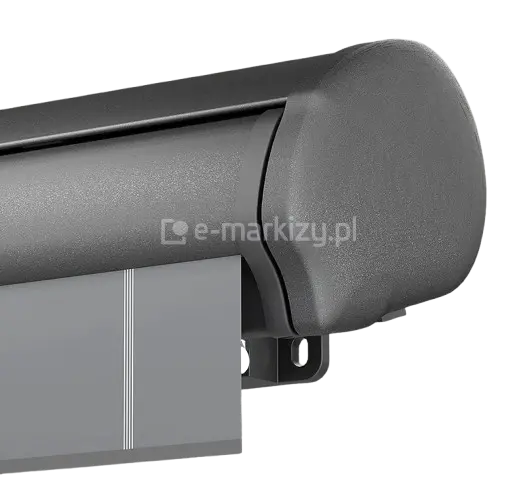Zaokrąglony kształt kompaktowej obudowy kasety markizy Dakar Selt w kolorze grafitowym, chroniąca materiał markizy przed czynnikami zewnętrznymi.