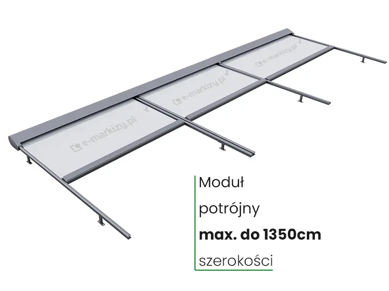 Trzy osłony tkaninowe Veranda Selt w aluminiowej kasecie i z prowadnicami na uchwytach połączone w jedną wielką osłonę o szerokości do 1350cm