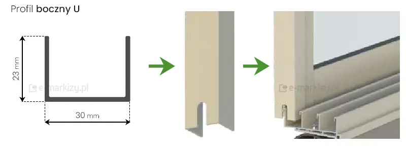 Boczny profil krańcowy U systemu ścian przesuwnych Sotro o wymiarach 30x23mm domykający panel krańcowy