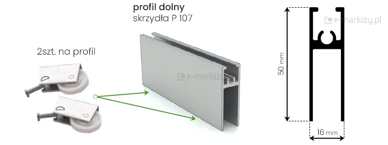 Dolny profil P 107 skrzydła Sotro o wymiarach 16x50mm z łożyskami kółkowymi