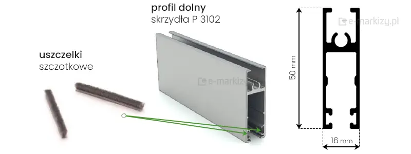 Dolny profil P 3102 skrzydła Sotro o wymiarach 16x50mm z uszczelkami szczotkowymi