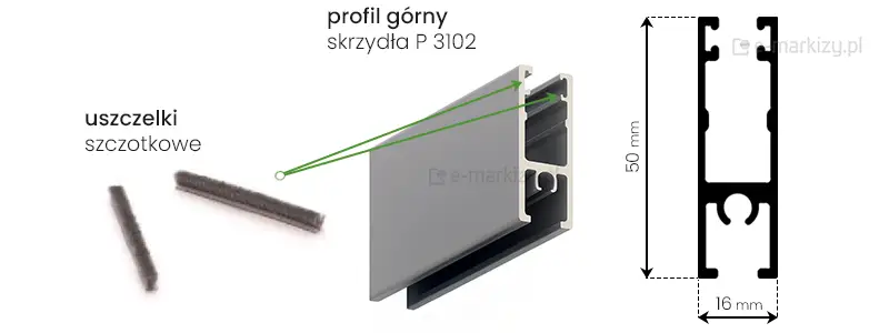 Górny profil P 3102 skrzydła Sotro o wymiarach 16x50mm z uszczelkami szczotkowymi