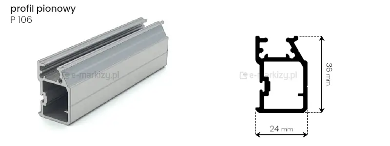 Aluminiowy przekrój pionowy P 106 do ścian przesuwnych Sotro o wymiarach 24x36mm