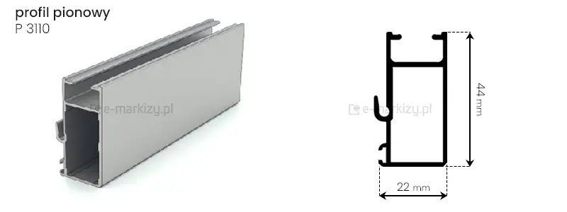 Aluminiowy przekrój pionowy P 3110 do ścian przesuwnych Sotro o wymiarach 22x44mm