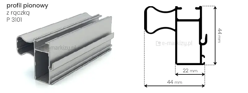 Aluminiowy przekrój pionowy z rączką P 3101 do ścian przesuwnych Sotro o wymiarach całkowitych 44x44mm