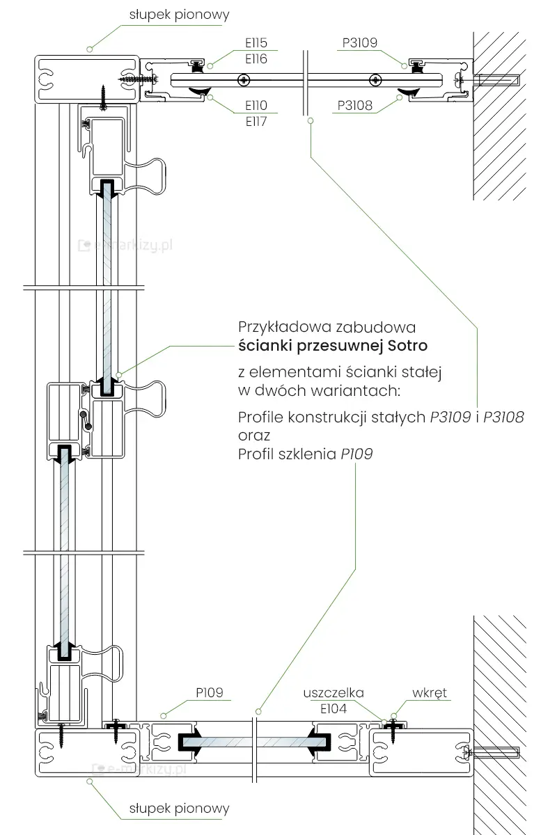 Rysunek techniczny zabudowy tarasu z drzwiami przesuwnymi Sotro od frontu oraz różną zabudową stałą po bokach