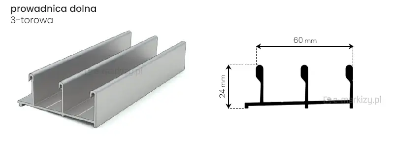 Prowadnica 3-torowa o wymiarach 60x24mm do systemu drzwi przesuwnych Sotro
