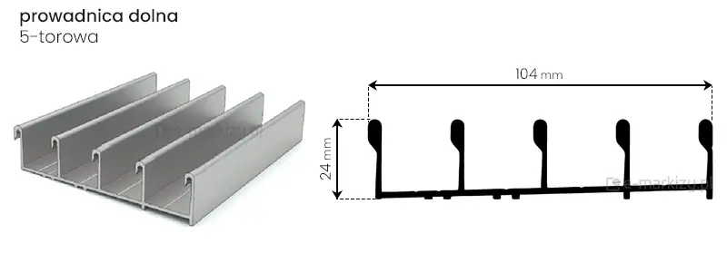 Prowadnica 5-torowa o wymiarach 104x24mm do systemu drzwi przesuwnych Sotro