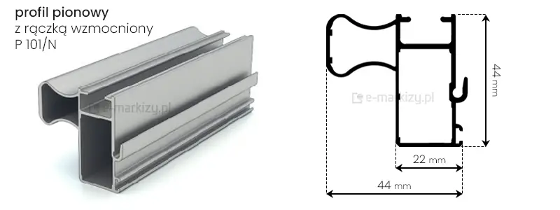 Aluminiowy przekrój pionowy z rączką P 101/N do ścian przesuwnych Sotro o wymiarach całkowitych 44x44mm