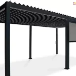 Antracytowa pergola 6-metrowa Gloria z zamontowanym refleksolem – roletą przeciwsłoneczną z prowadnicami. Stabilna ochrona przed promieniowaniem UV.