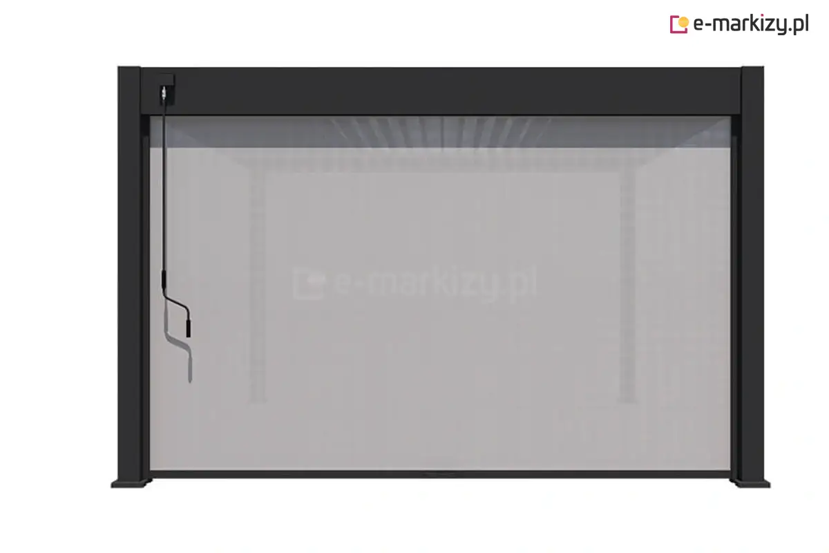 Antracytowa roleta screen montowana z przodu pergoli Marlo – idealna osłona przeciwsłoneczna do nowoczesnych przestrzeni tarasowych.