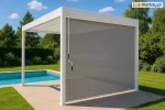 Pergola Marlo z roletą typu screen z półprzezroczystej tkaniny – montaż od frontu