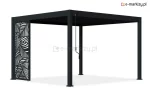 Pergola Marlo z zamontowanym bocznym panelem ozdobnym z aluminium, w kolorze antracytowym, z estetycznym ażurowym wzorem liści jako dekoracyjna osłona tarasu