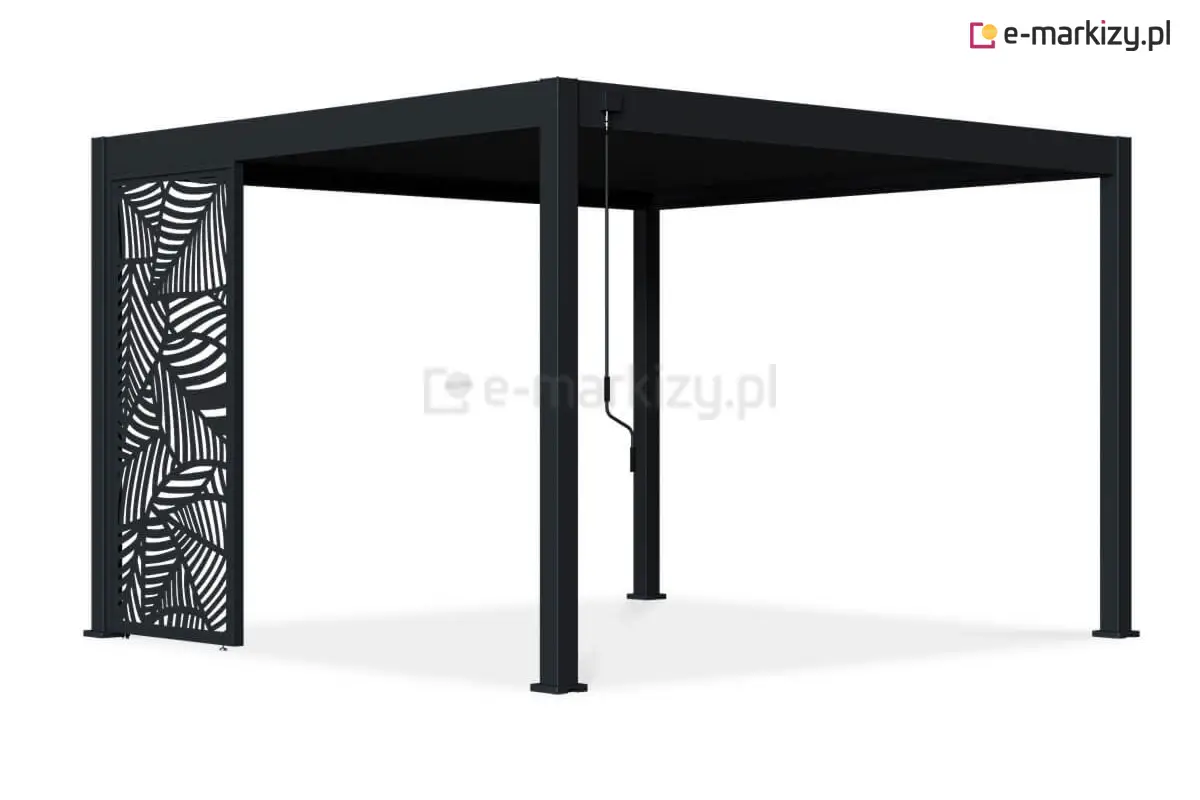 Pergola Marlo z zamontowanym bocznym panelem ozdobnym z aluminium, w kolorze antracytowym, z estetycznym ażurowym wzorem liści jako dekoracyjna osłona tarasu