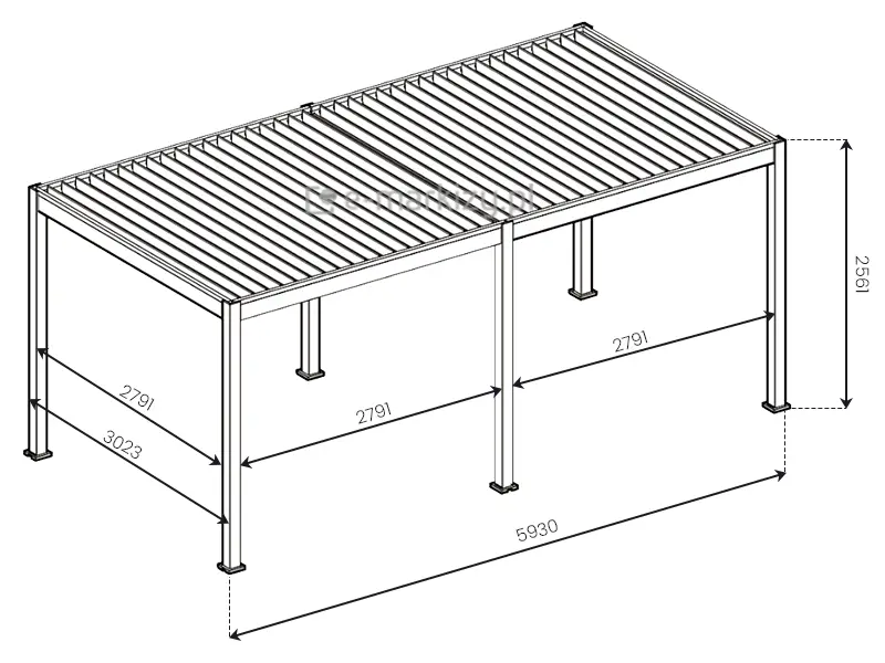 Wymiary wewnętrzne pergoli lamelowej Marlo w wersji wolnostojącej
