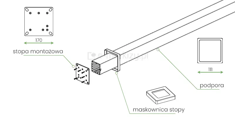 Przekroje: Stopa montażowa podpory, maskownica podpory oraz podpora pergoli Gloria