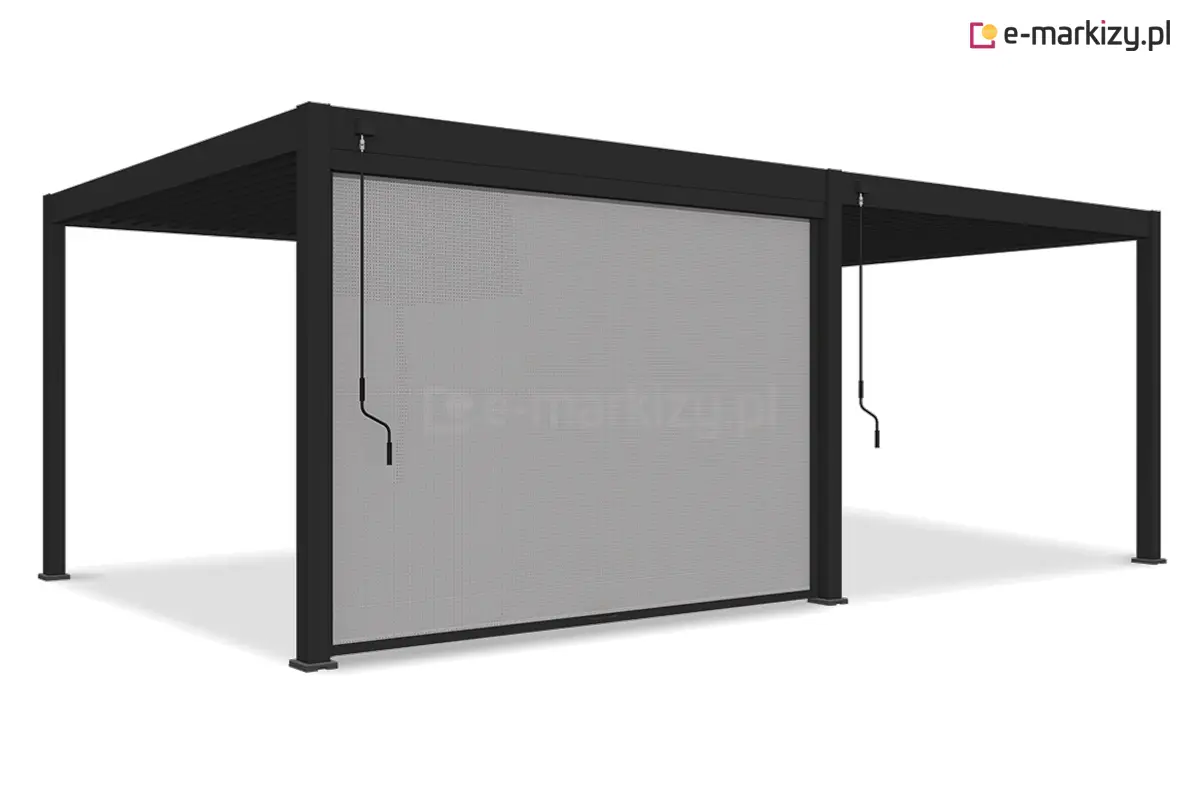 Zewnętrzna roleta screen zamontowana z przodu pergoli Marlo – system zip z bocznymi prowadnicami.