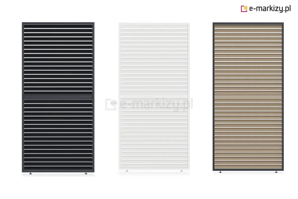 Trzy warianty kolorystyczne regulowanych paneli żaluzjowych do pergoli Marlo: biały, antracytowy oraz antracytowy z lamelami w kolorze drewna – nowoczesna i stylowa ochrona przeciwsłoneczna oraz prywatność na tarasie.
