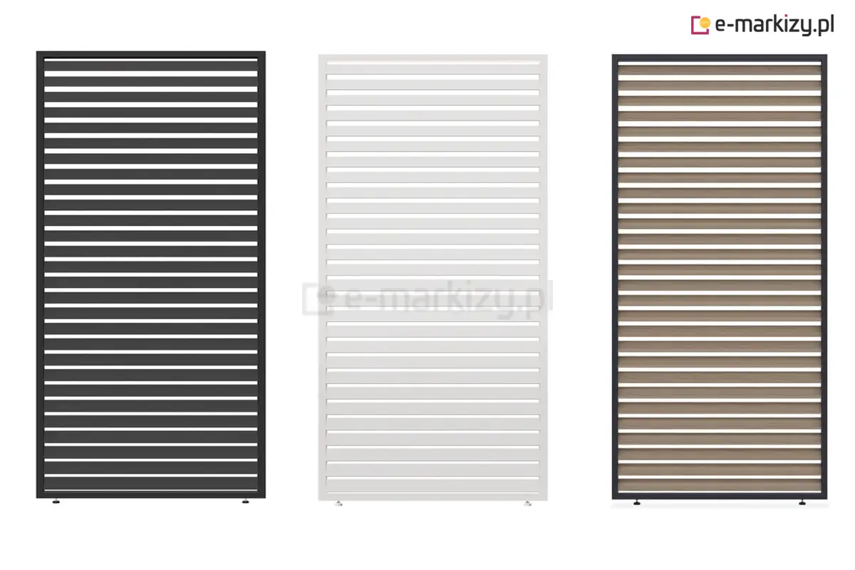 Wzornik kolorów dla paneli żaluzjowych Marlo – biały, antracytowy oraz drewnopodobne lamele.