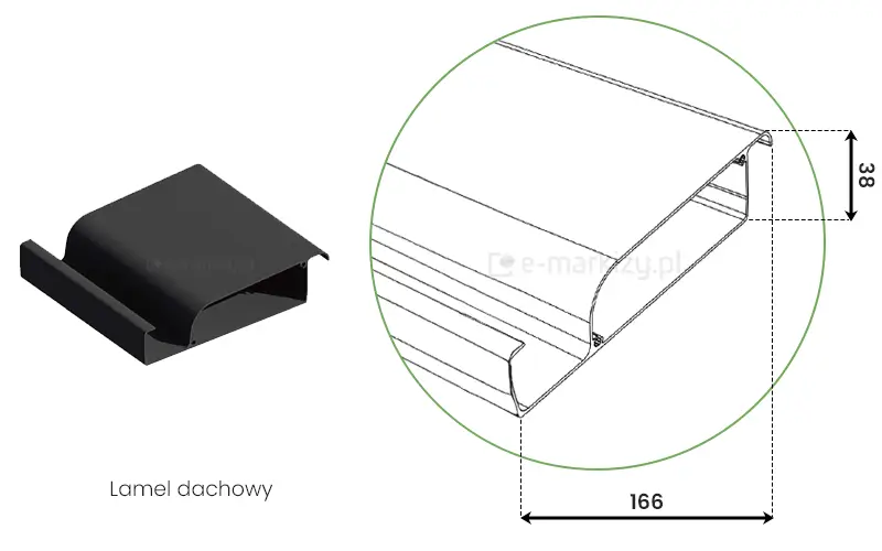Wymiary obracanego lamela pergoli klimatycznej Rubio to 166x38mm