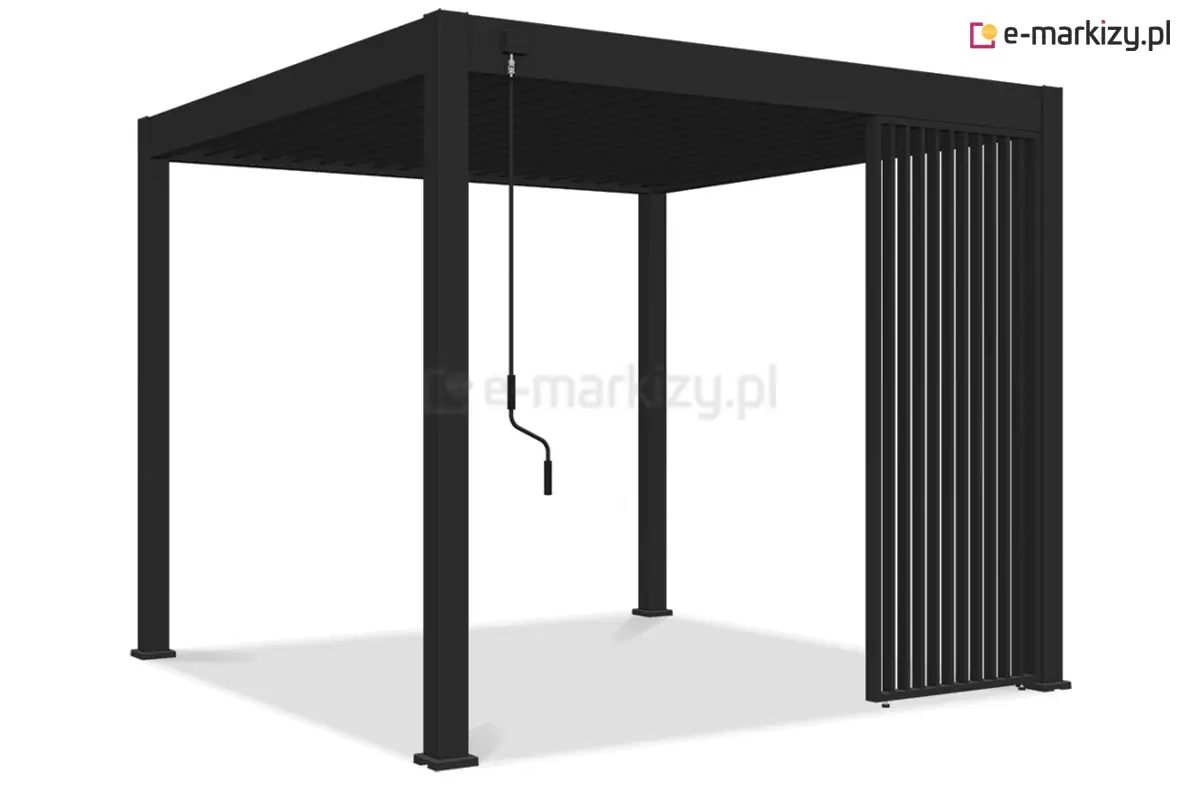 Nowoczesna pergola Marlo z pełną zabudową boczną z pionowych paneli żaluzjowych – stylowe przedłużenie strefy wypoczynku na tarasie.