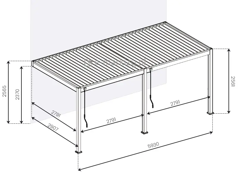 Podwójna pergola przyścienna Marlo z dachem lamelowym wymiary między podporami oraz wysokości podpór i przy ścianie