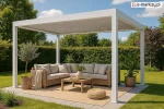 Biała pergola aluminiowa Marlo o wymiarach 4x3 metry z poziomym dachem lamelowym, ustawiona w zielonym ogrodzie. Pod zadaszeniem znajduje się narożna sofa z wiklinową ramą i jasnymi poduszkami, stolik kawowy oraz ozdobne rośliny w donicach. Całość tworzy przytulną i elegancką przestrzeń wypoczynkową na świeżym powietrzu.