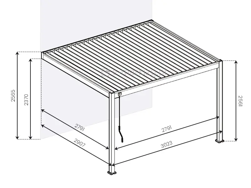 Pergola ścienna Marlo z dachem bioklimatycznym 3x3m szczegółowe wymiary