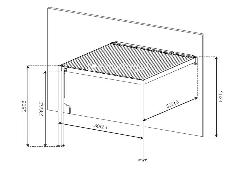 Szczegółowe wymiary pergoli tarasowej 3x3m z dachem lamelowym Gloria