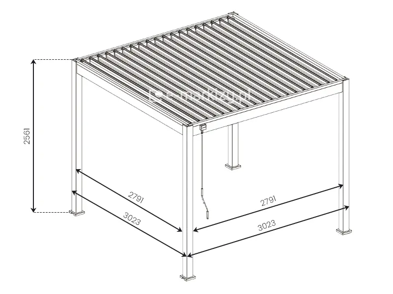 Wymiary między podporami pergoli lamelowej wolnostojącej Marlo 3x3m
