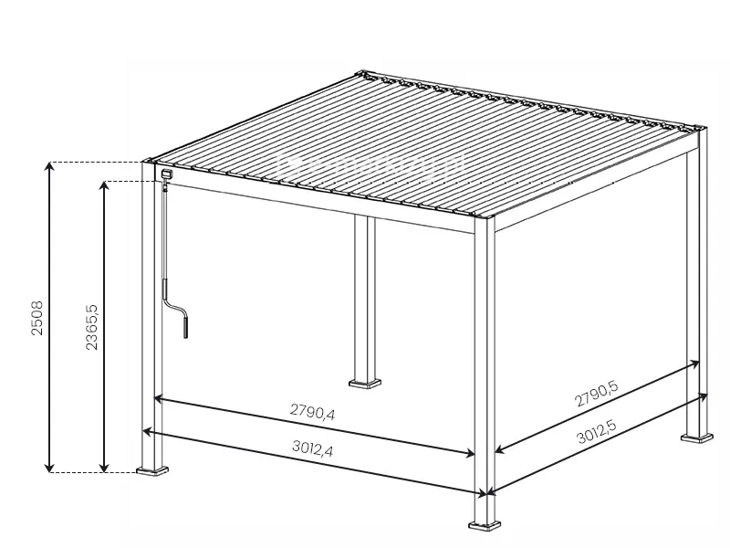 Szczegółowe wymiary pergoli wolnostojącej 3x3m z dachem bioklimatycznym Gloria