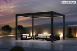 Nowoczesna pergola lamelowa Rubio Deluxe Automatic z wbudowanym oświetleniem LED, prezentowana o zmierzchu na eleganckim tarasie. Aluminiowa konstrukcja w kolorze antracytowym i dach z obracanych lameli tworzą klimatyczną, przeciwsłoneczną przestrzeń relaksu z nowoczesnymi meblami ogrodowymi.