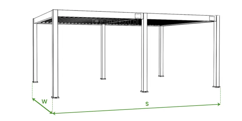 Sposób pomiaru pergoli bioklimatycznej Rubio o szerokości 6 lub 8 metrów