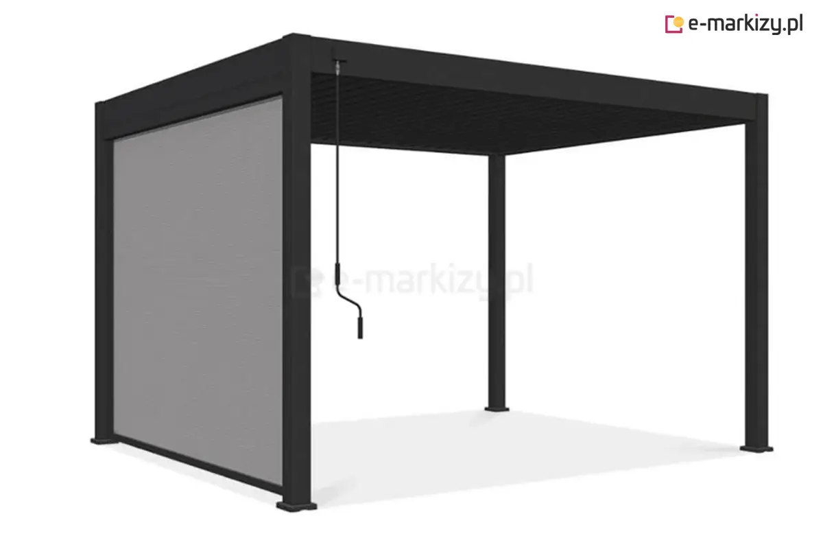 Refleksol boczny montowany na pergoli lamelowej Marlo – ochrona przeciwsłoneczna z szarą tkaniną przezierną screen po lewej stronie.