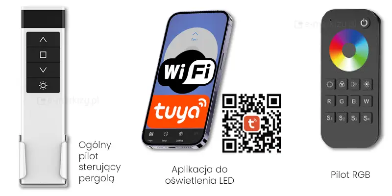 Pergola Rubio sterowana jest pilotem bezprzewodowym, a jej oświetlenie dodatkowym pilotem RGB lub aplikacją WIFI