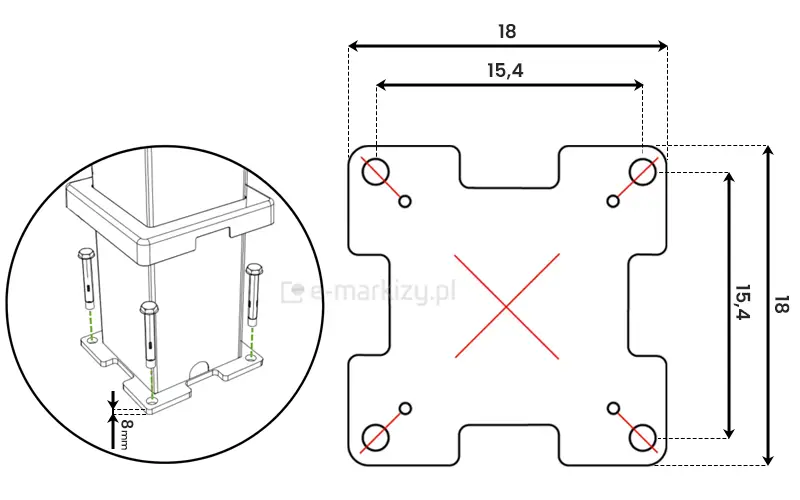 Wymiary stopy podpory pergoli aluminiowej Rubio to 18x18cm. Grubość stopy to 8mm